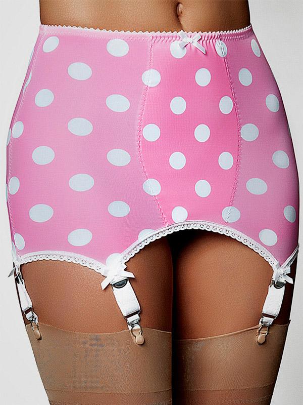 Nylon Dreams retro 6 dirželių prisegamų kojinių diržas "Ladybird Spot Pink - White Dots"