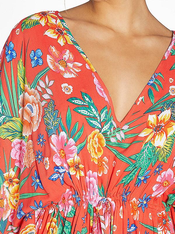 Ysabel Mora viskozinis paplūdimio kaftanas "Briana Coral - Multicolor Flower Print"