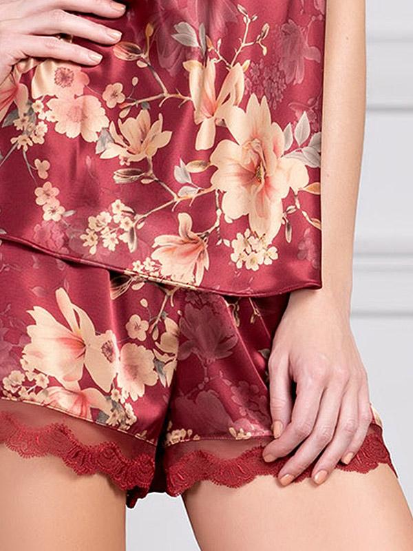 MiaMia šilkinė pižama "Burgundia Bordeaux Flower Print"