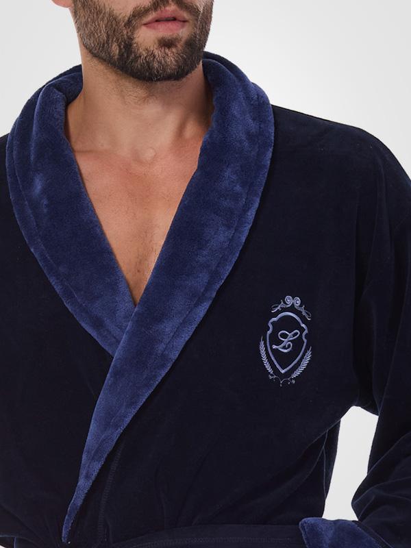L&L Men's Cotton Dressing Gown Diego Dark Blue Velour
