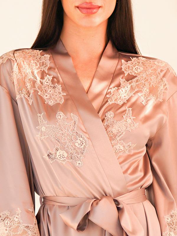 Komilfo Silk Robe with Lace Gladiolus Long Mocca