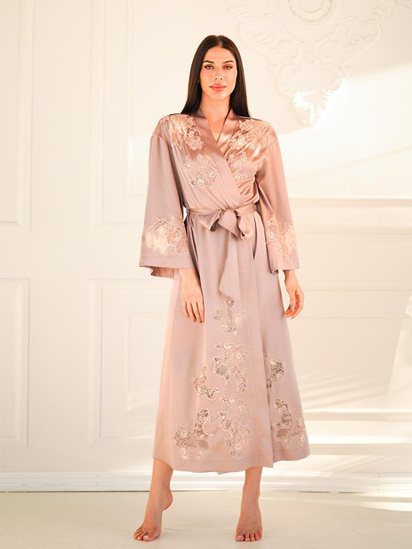 Komilfo Silk Robe with Lace Gladiolus Long Mocca