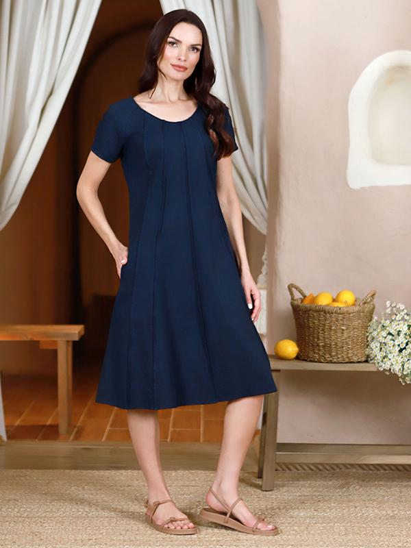 Lega Stretch Linen Midi A-line Dress Orinta Navy