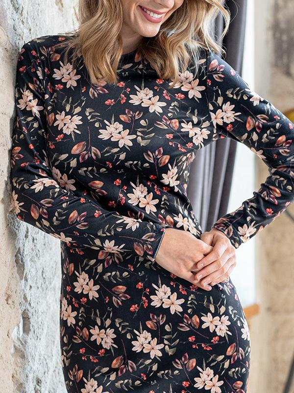 Lega veliūrinė midi suknelė "Amberly Black - Multicolor Flower Print Velour"