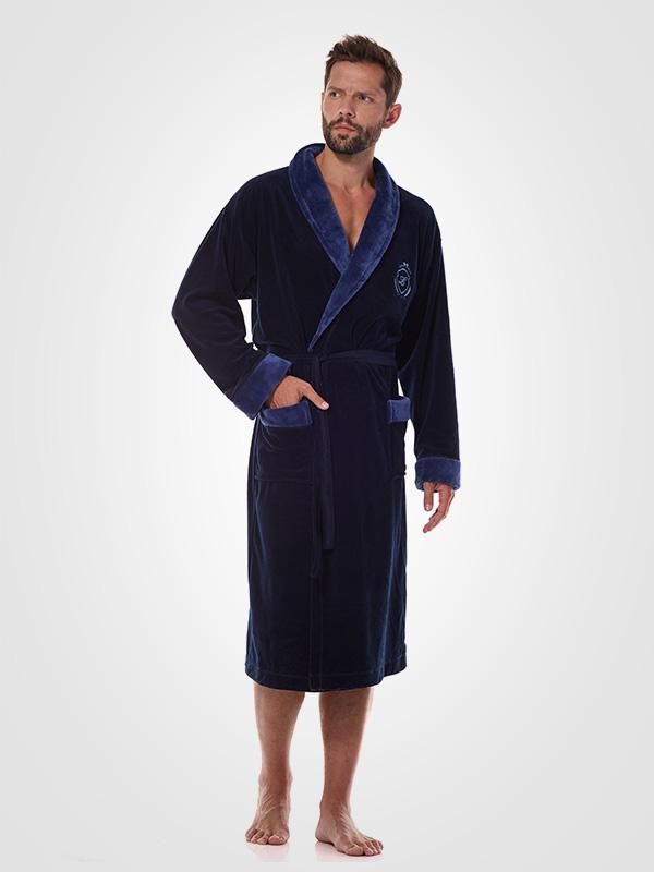 L&L Men's Cotton Dressing Gown Diego Dark Blue Velour