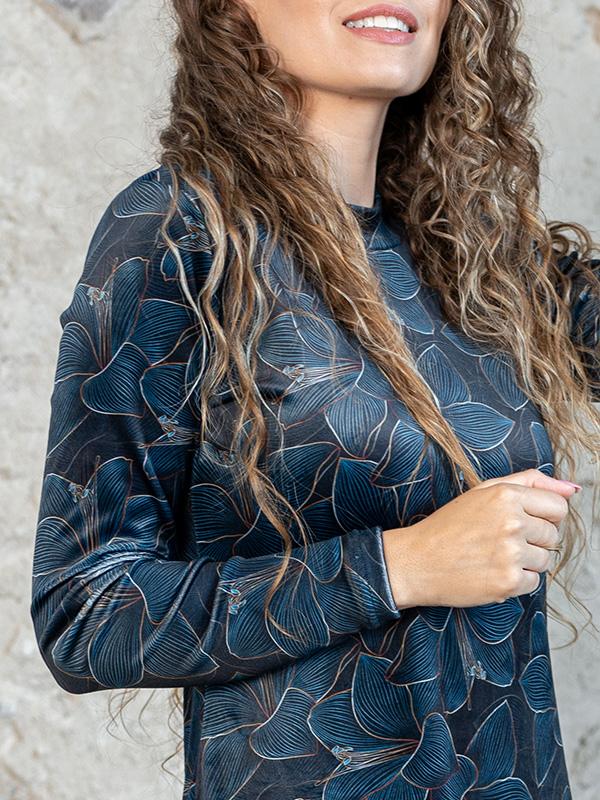 Lega veliūrinė midi suknelė "Amberly Navy - Turquoise Flower Print Velour"
