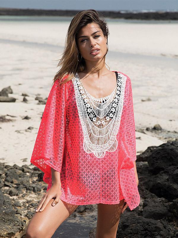 Ysabel Mora nėriniuota paplūdimio tunika "Adora Neon Pink - White"