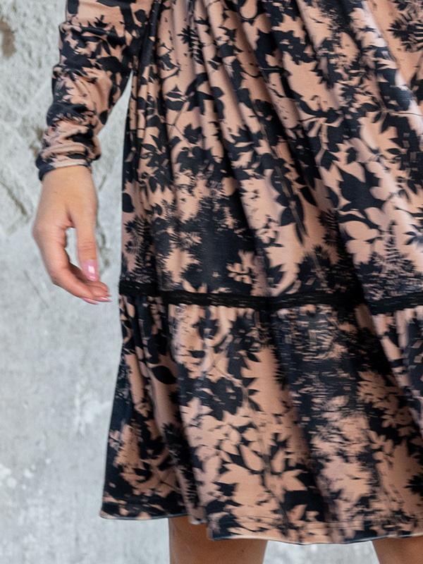 Lega laisvo silueto veliūrinė suknelė "Rafaela Black - Brown Flower Print Velour"