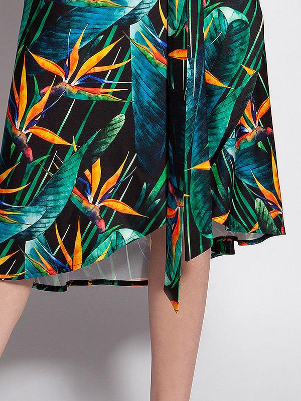 Lanti susiaučiama suknelė plačiomis rankovėmis "Ewa Green - Orange Bamboo Flower Print"
