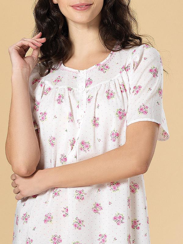 Linclalor netamprios medvilnės naktiniai marškiniai su sagutėmis "Andrea White - Rose Flower Print"