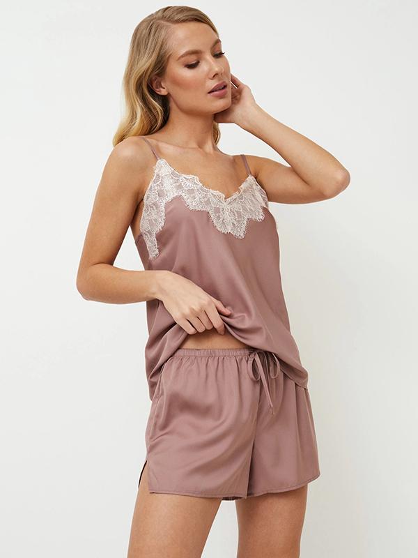 Aruelle короткая атласная пижама с кружевом "Primrose Dusty Pink - White"