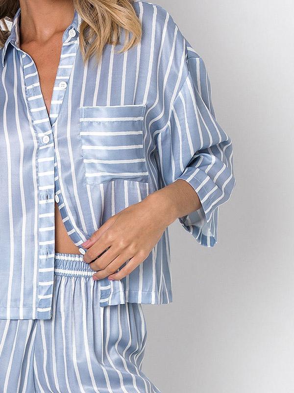 Aruelle ilga atlasinė pižama "Janet Light Blue - White Stripes"