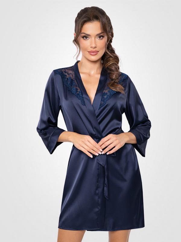 Donna Satin Robe with Lace Mari Dark Blue