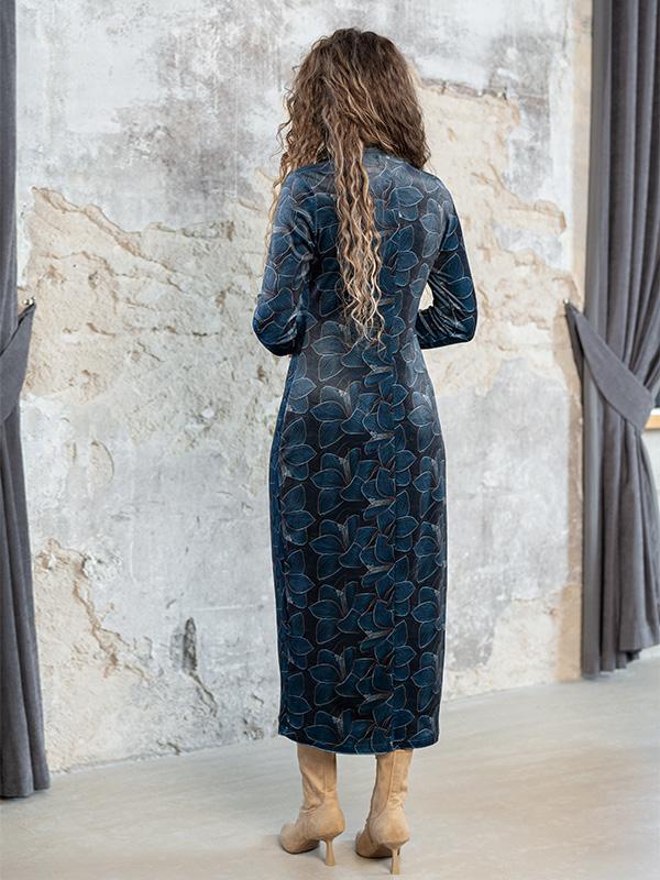 Lega veliūrinė midi suknelė "Amberly Navy - Turquoise Flower Print Velour"
