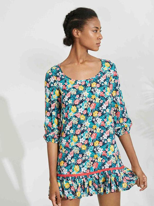 Ysabel Mora Viscose Summer Dress Sintia Navy - Multicolor Flower Print