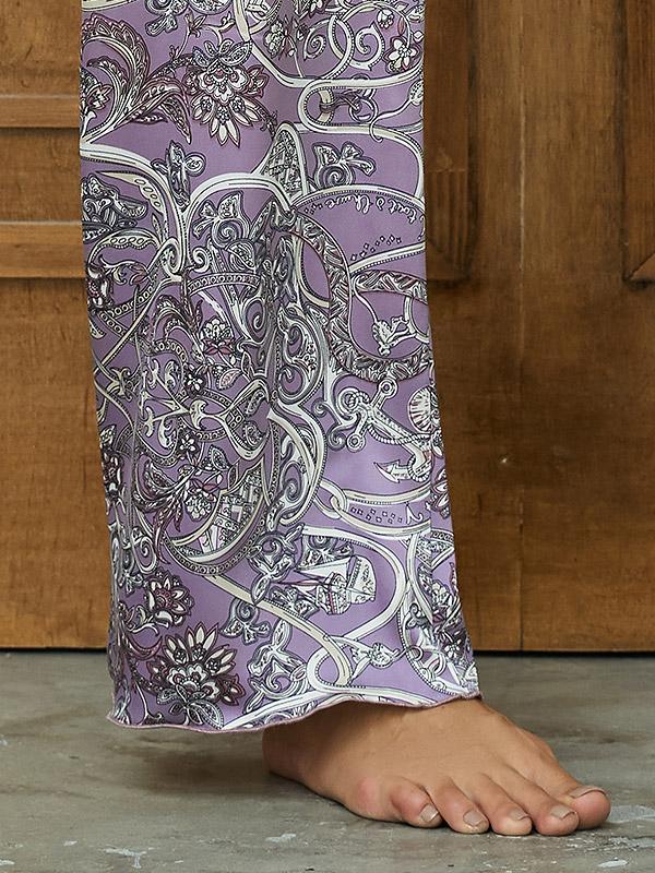 Lega atlasinė pižama su ilgomis kelnėmis "Madona Lavender- White - Beige Ornament Print"