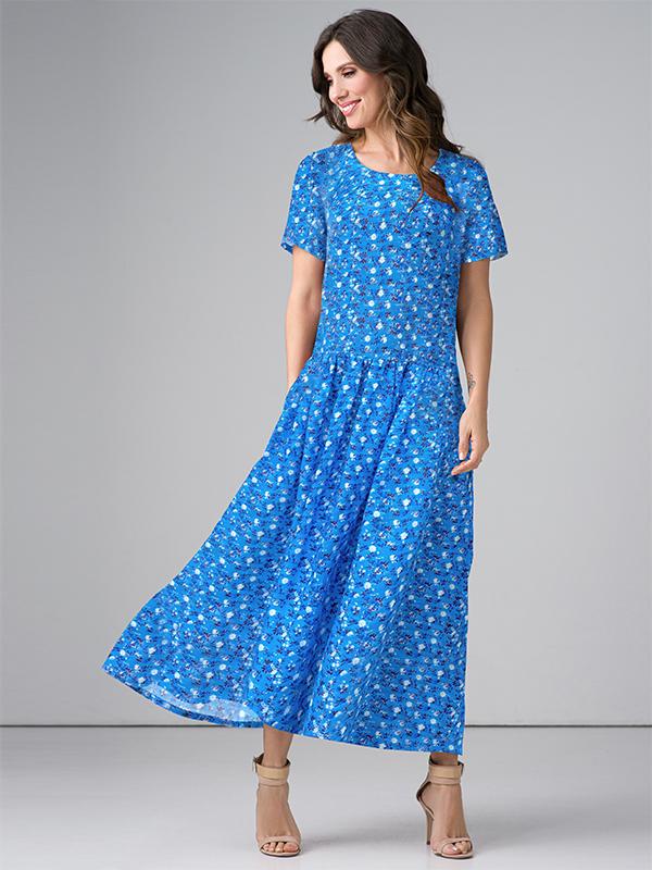 Lega maxi lininė suknelė "Rayana Sky Blue - White - Navy Flower Print"