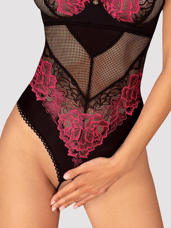 Obsessive кружевной открытый трико "Rosenty 2 Black - Pink"