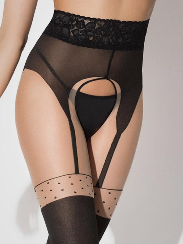 Amour pėdkelnės atviru tarpkoju su kojinių imitacija "Pin Up 40 Den Black - Nude"