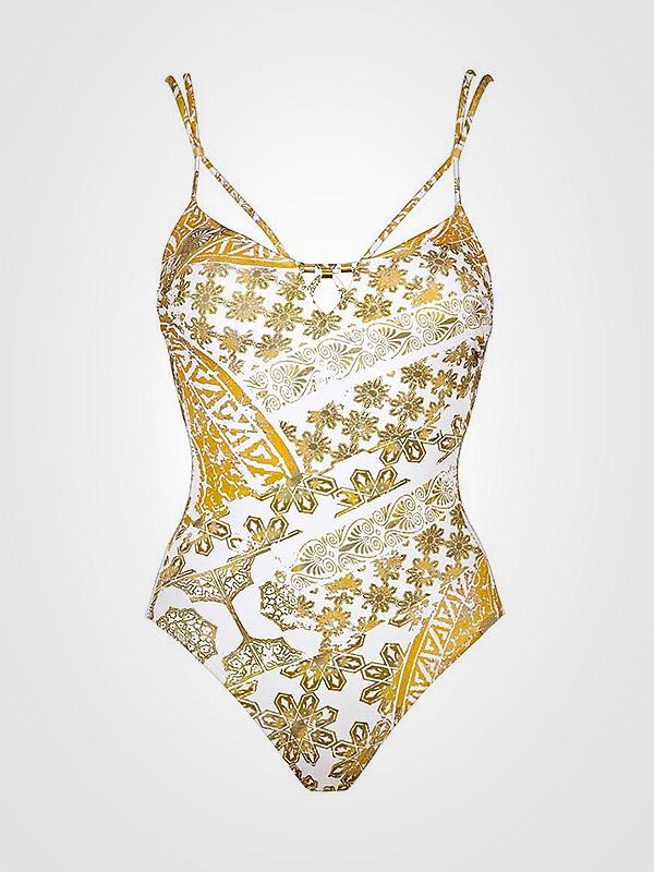 Maryan Mehlhorn vientisas maudymosi kostiumėlis "Orient White - Gold Ornament Print"