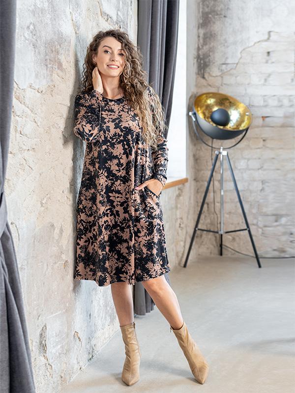 Lega laisvo silueto veliūrinė suknelė "Rosie Black - Brown Flower Print Velour"