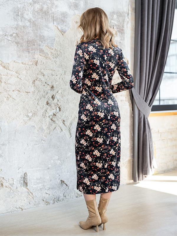 Lega veliūrinė midi suknelė "Amberly Black - Multicolor Flower Print Velour"