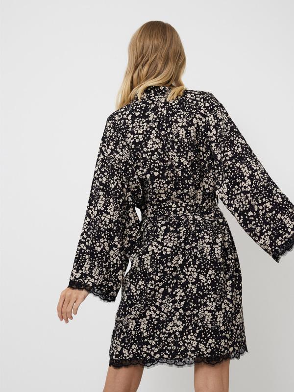Aruelle Viscose Dressing Gown Eli Black - Beige Flower Print