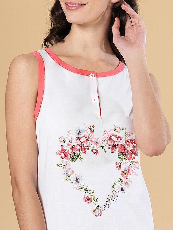 Linclalor medvilniniai naktiniai marškiniai su sagutėmis "Emma White - Coral Flower Print"