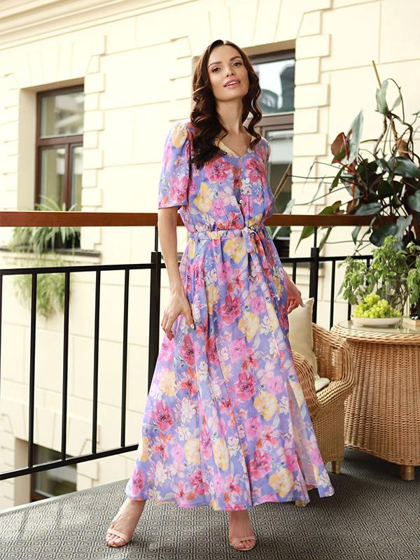 Lega Maxi Viscose Dress Violet - Rose Flower Print