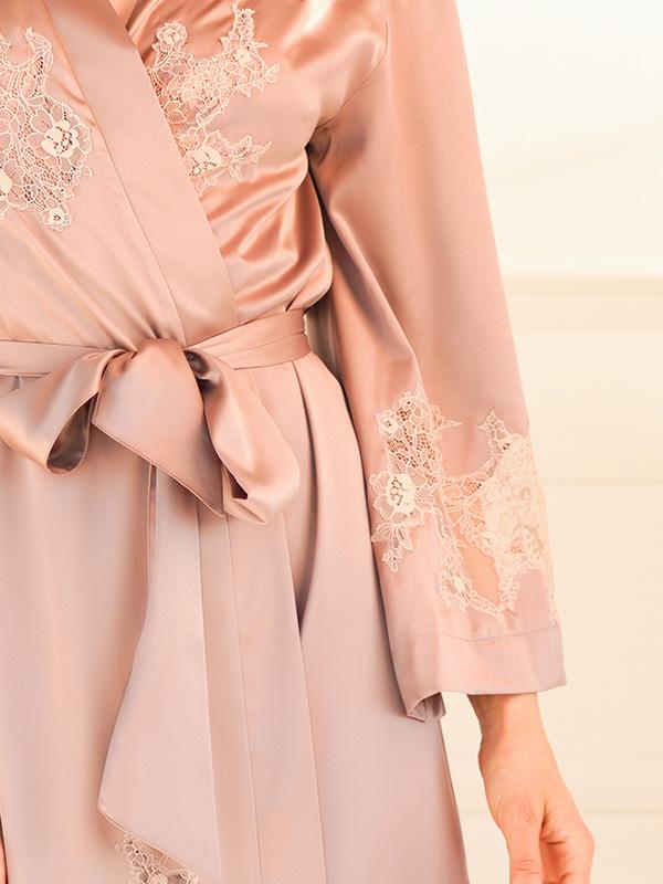 Komilfo Silk Robe with Lace Gladiolus Long Mocca