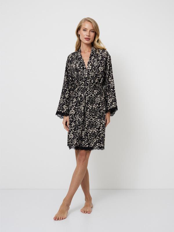Aruelle Viscose Dressing Gown Eli Black - Beige Flower Print