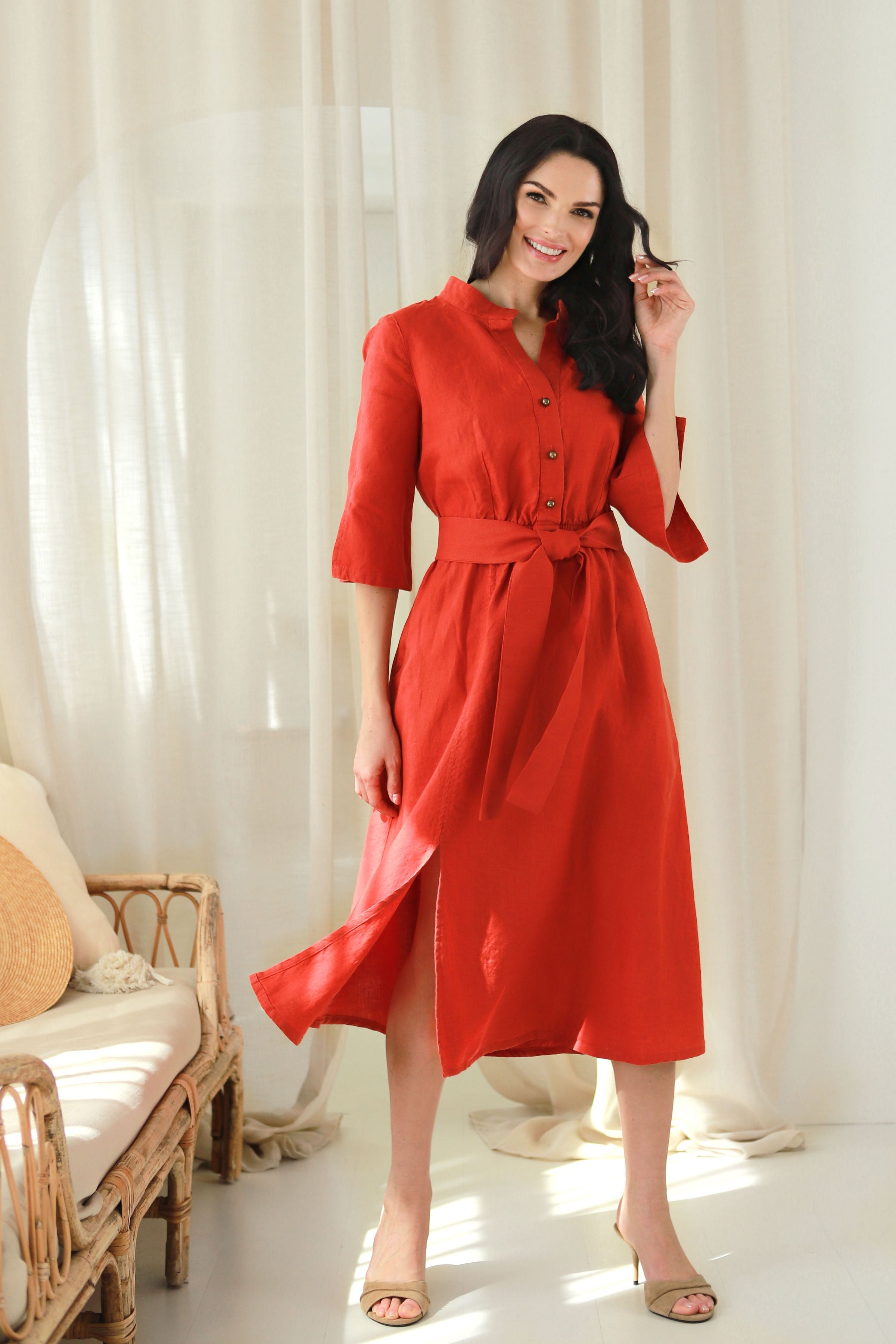 Lega Midi Linen Dress With A Belt Grace Red