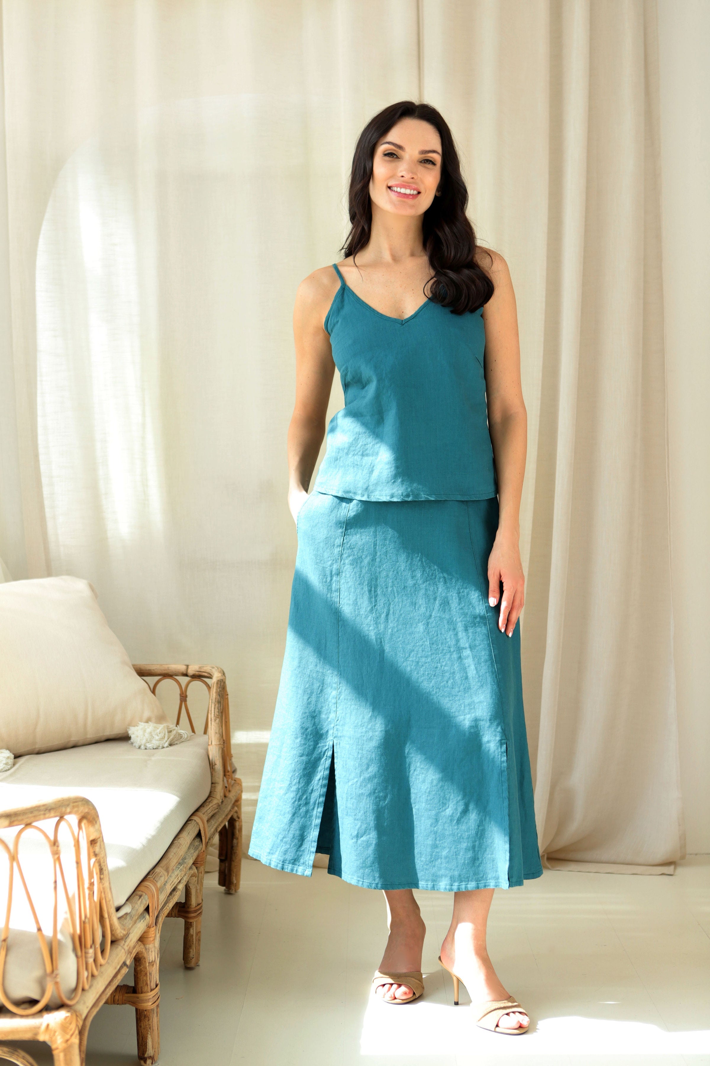 Lega Short Linen Top Mira Turquoise