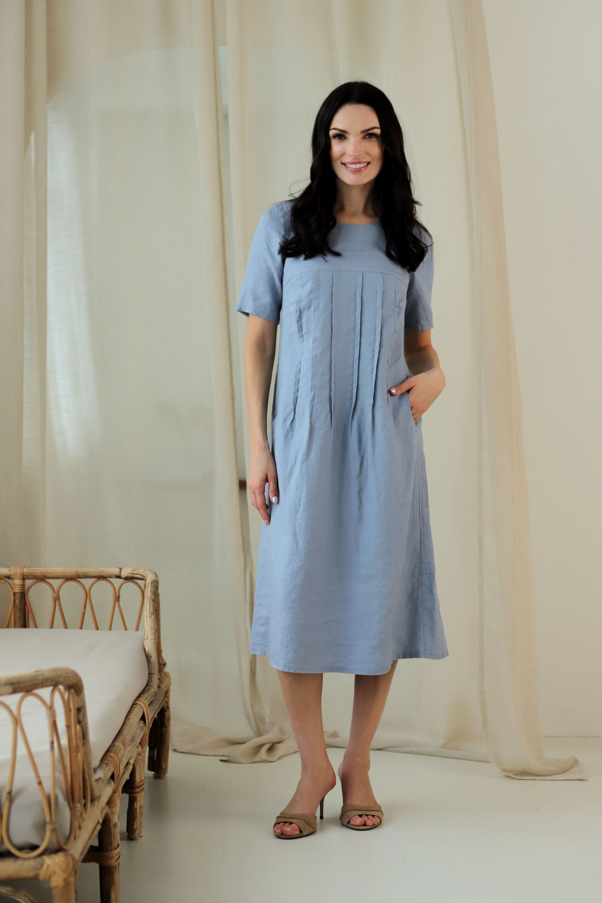 Lega Midi Linen Dress Windy Greyish - Blue