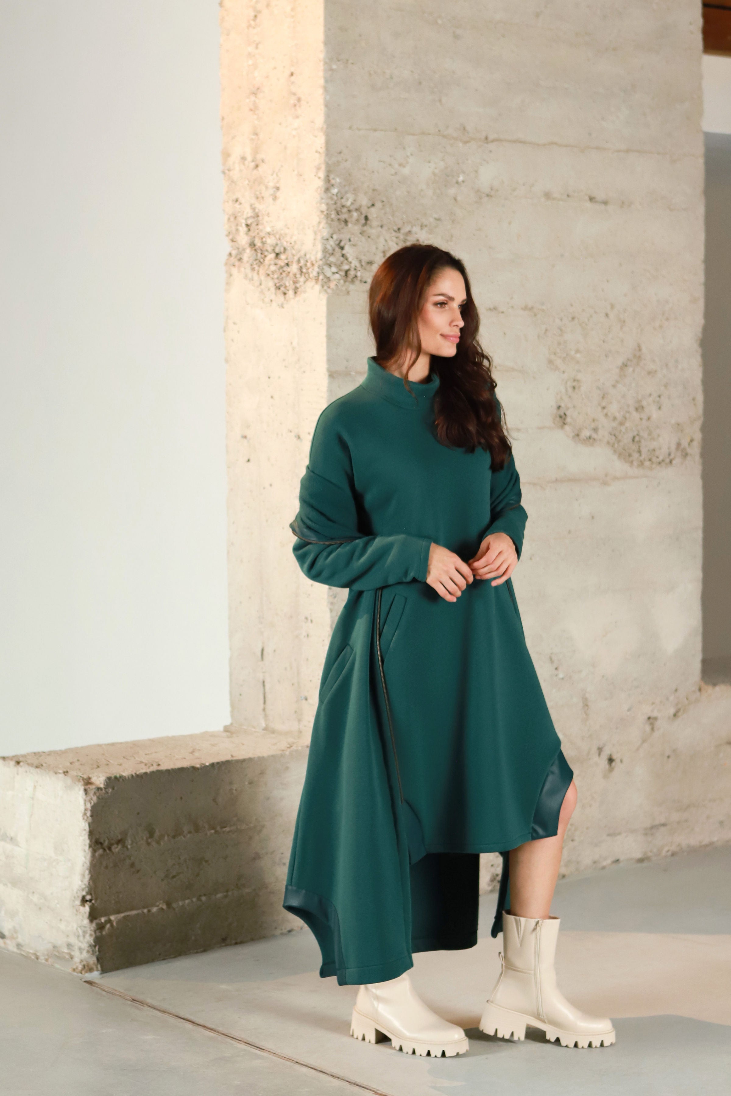 Lega Cotton Dress With Fluff Inside Oceane Deep Green