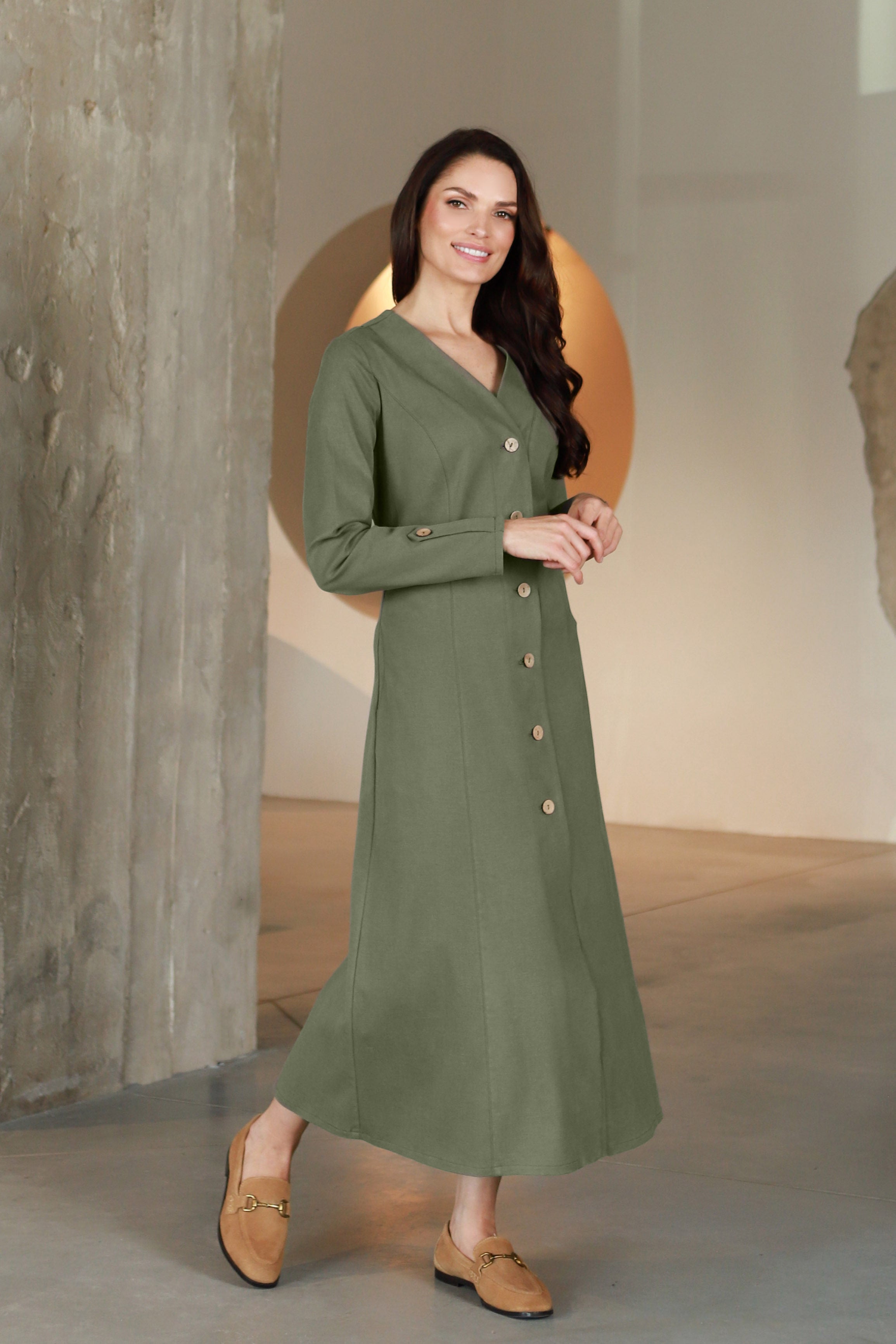 Lega Midi Dress with Buttons Ivana Olive Grey