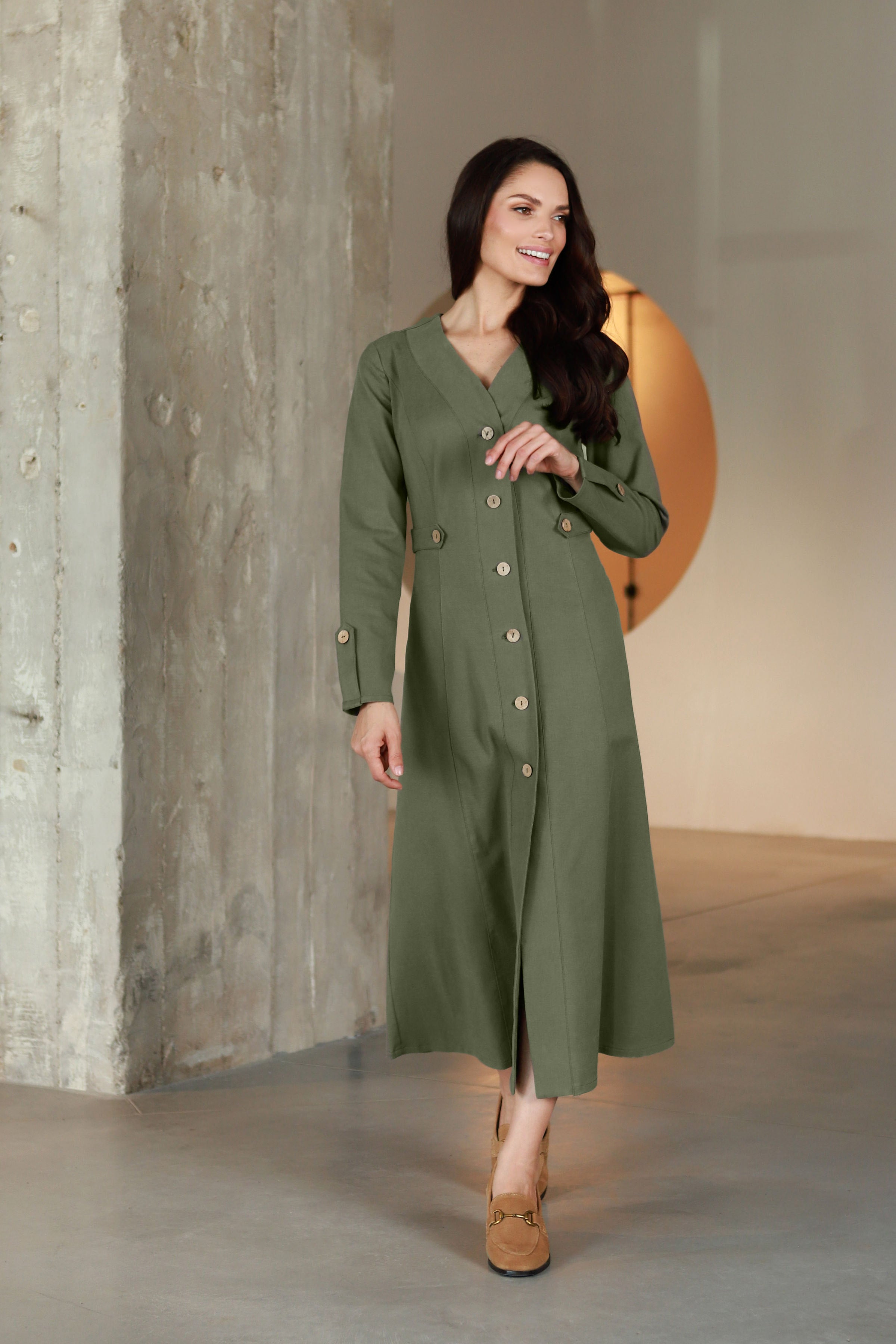 Lega Midi Dress with Buttons Ivana Olive Grey