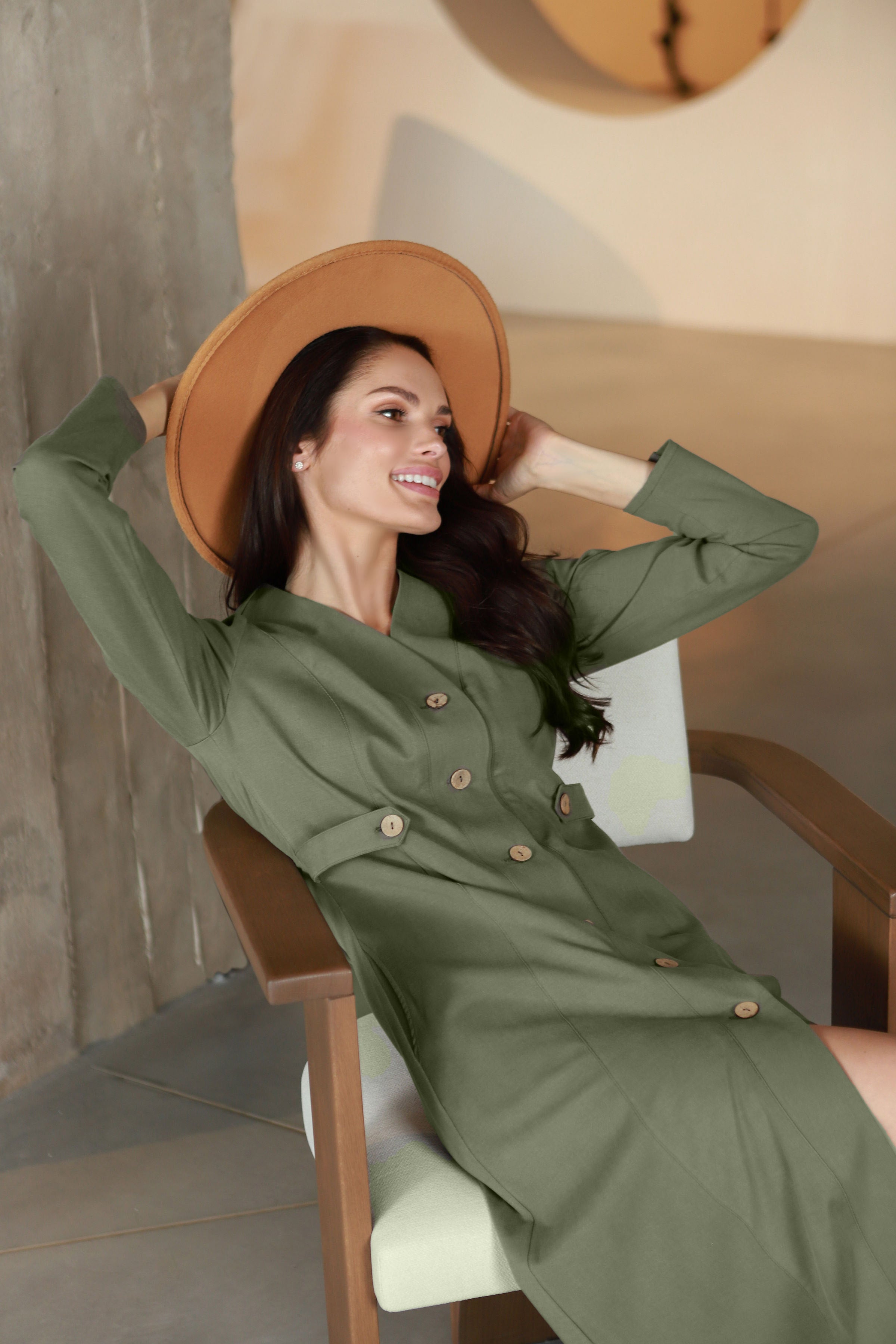 Lega Midi Dress with Buttons Ivana Olive Grey