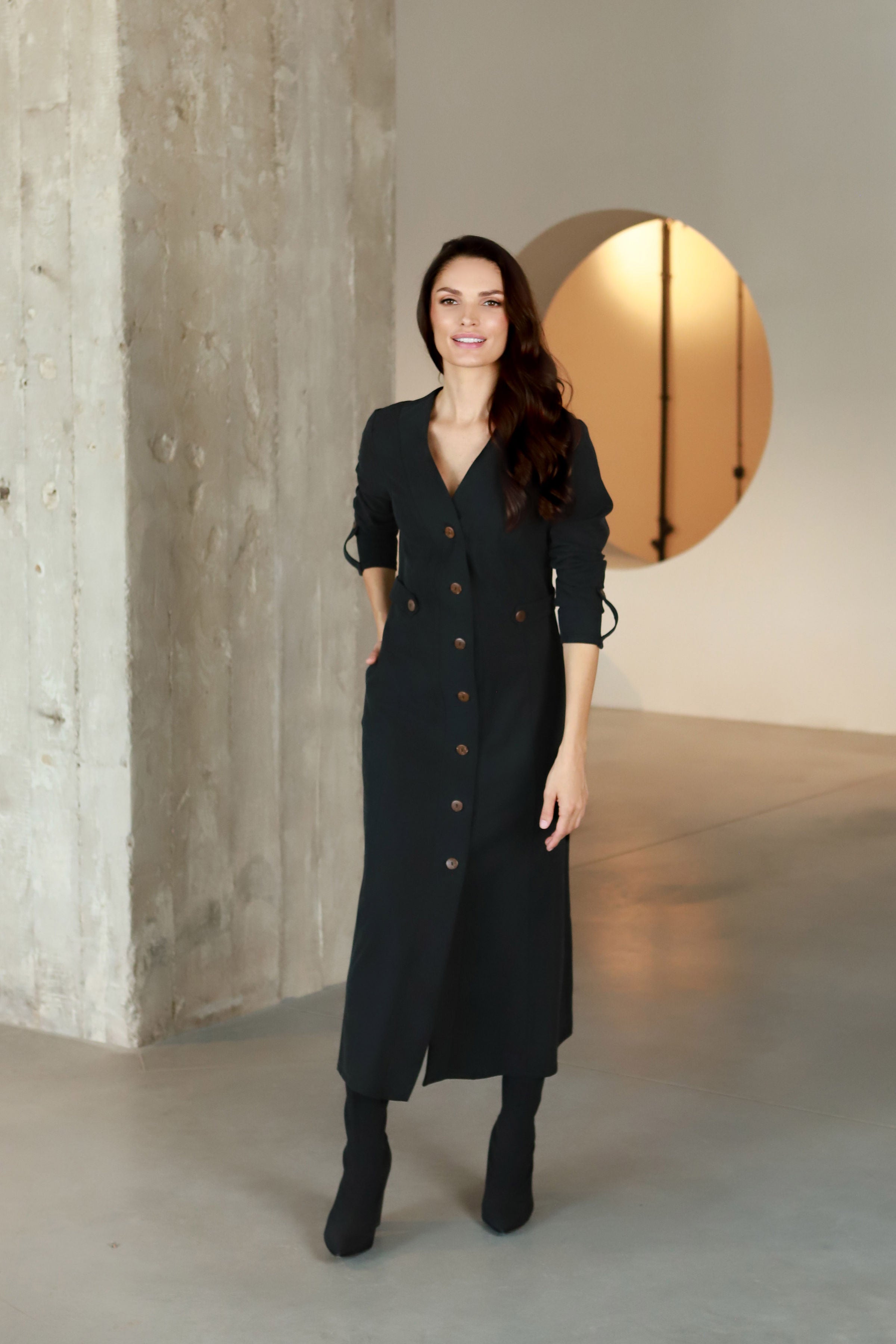 Lega Midi Dress with Buttons Ivana Graphite Black