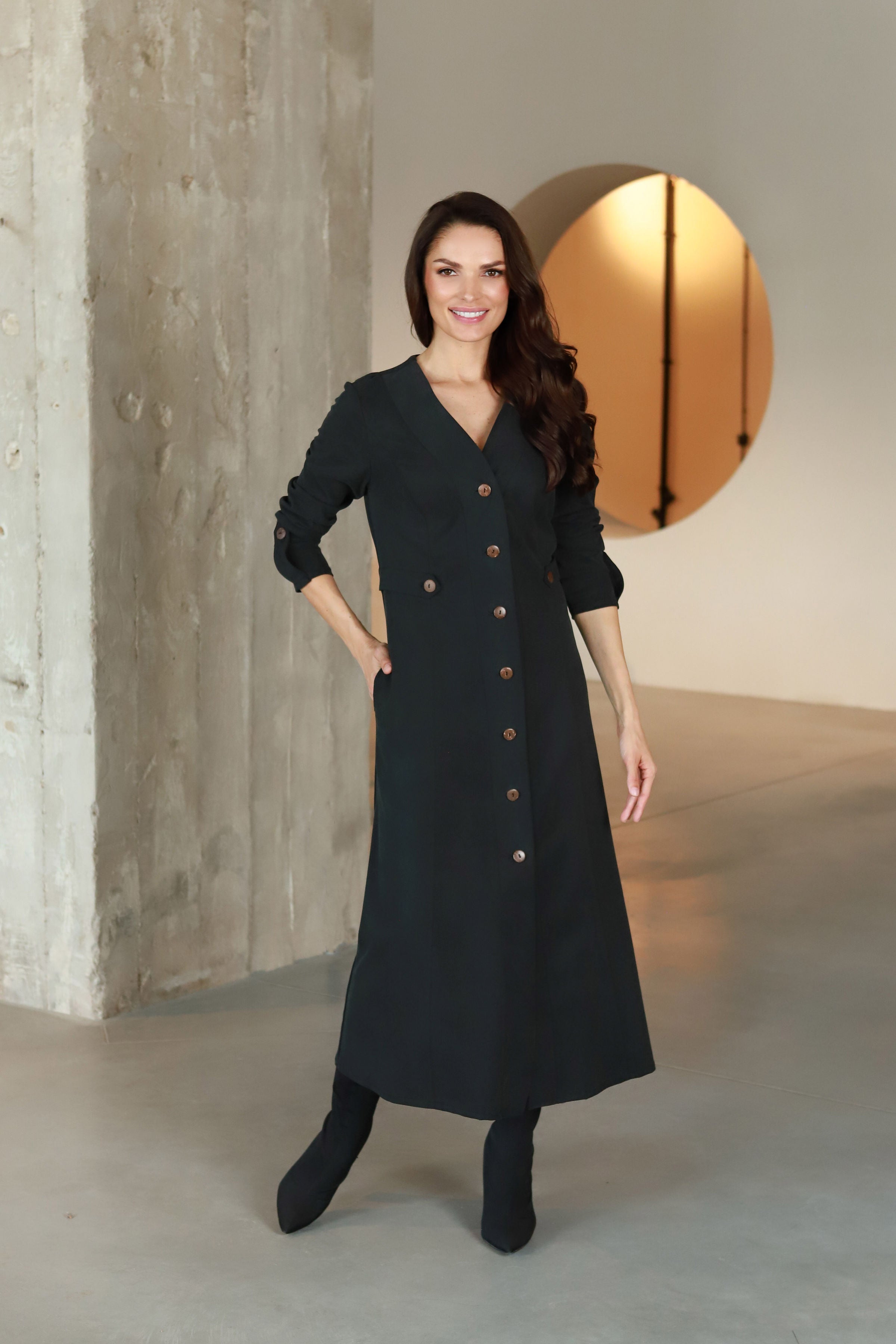 Lega Midi Dress with Buttons Ivana Graphite Black