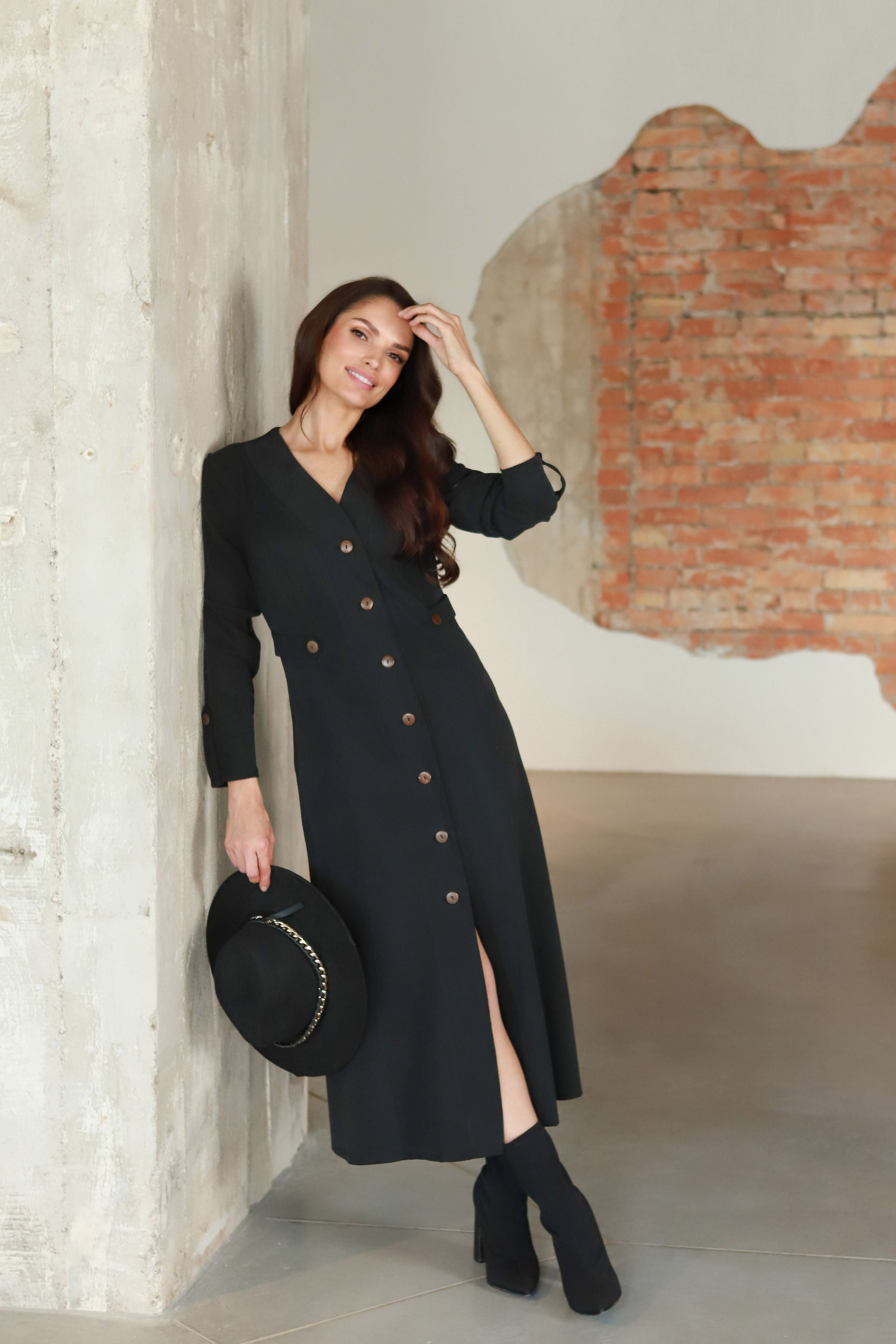 Lega Midi Dress with Buttons Ivana Graphite Black