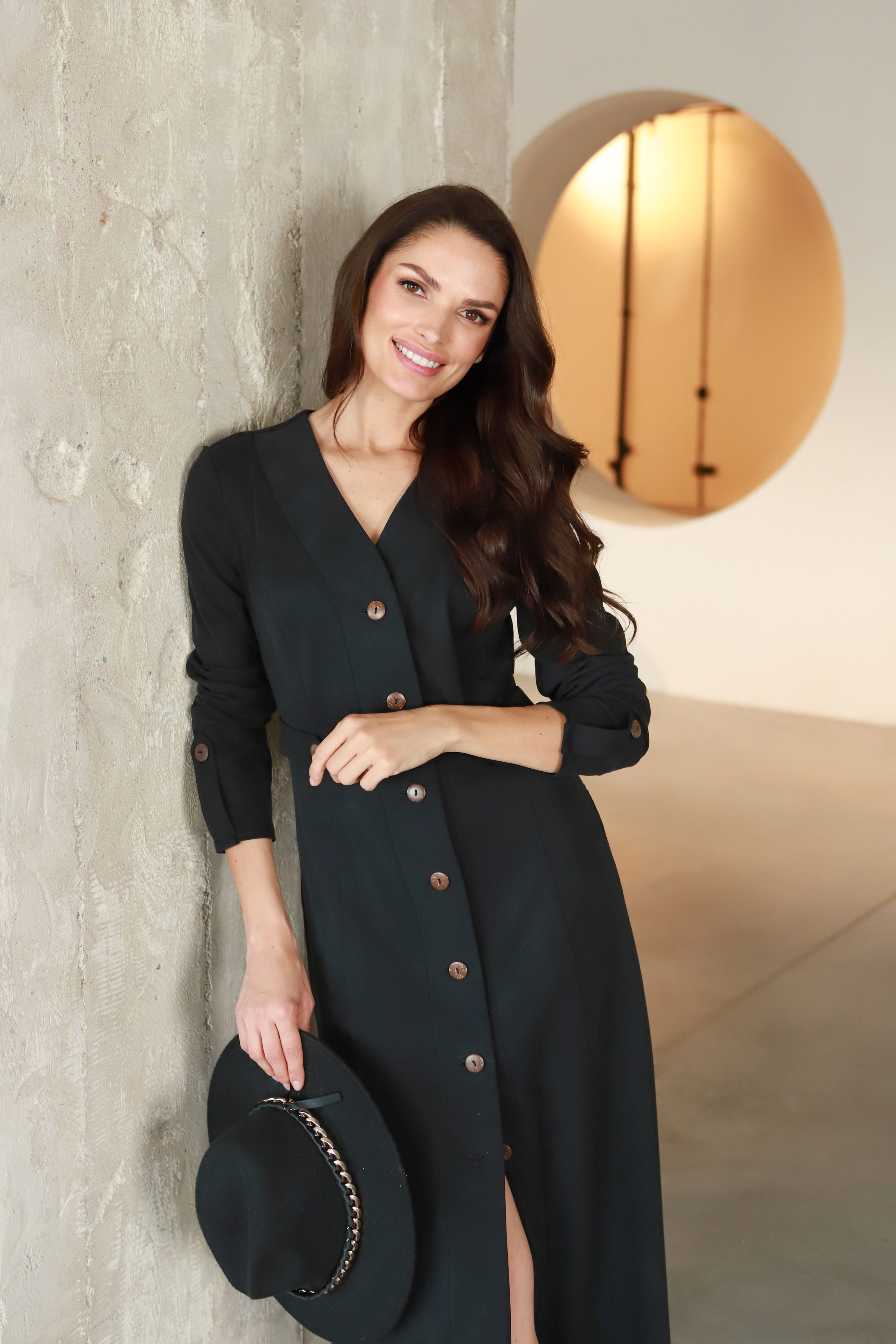 Lega Midi Dress with Buttons Ivana Graphite Black