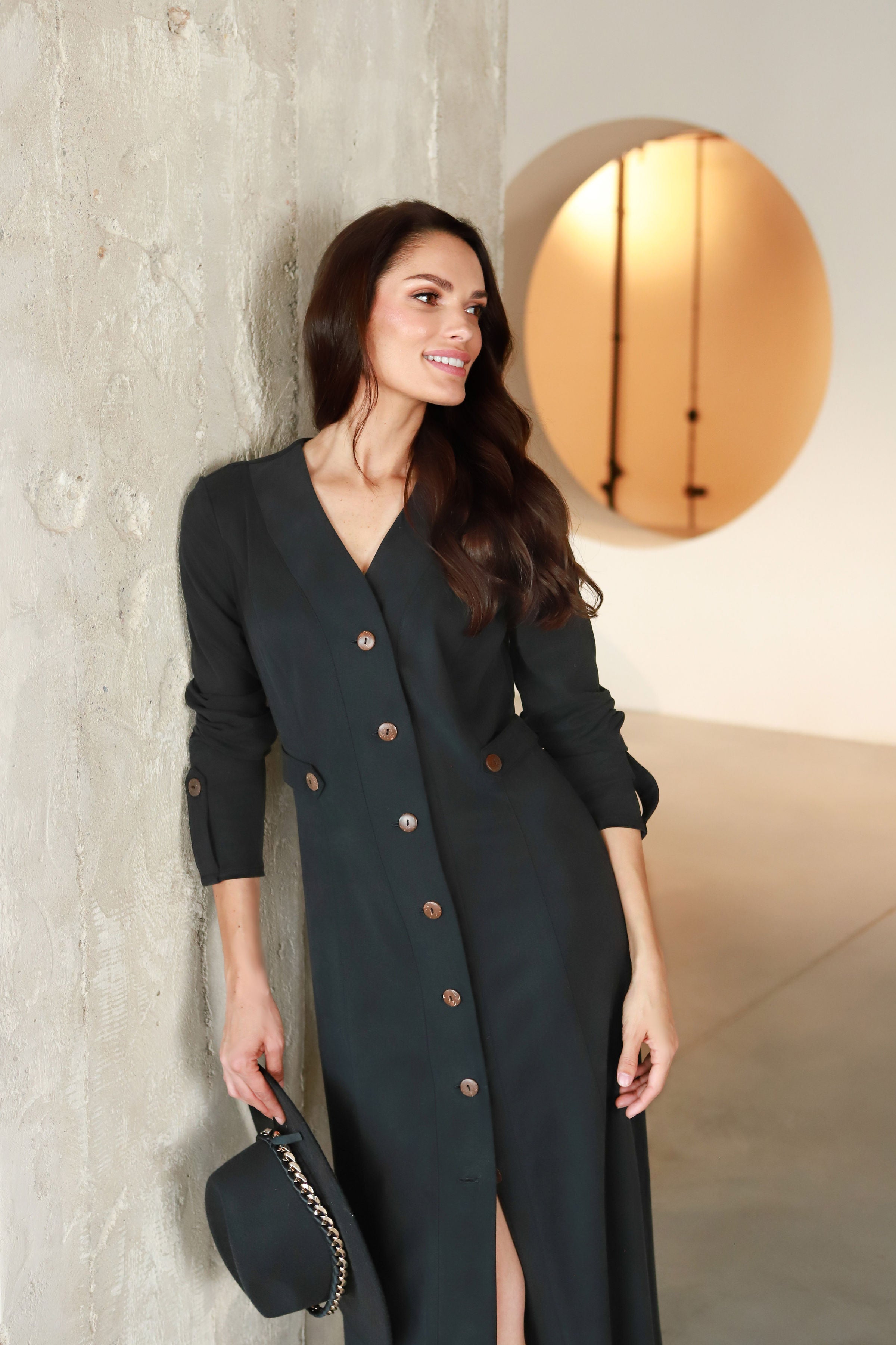Lega Midi Dress with Buttons Ivana Graphite Black
