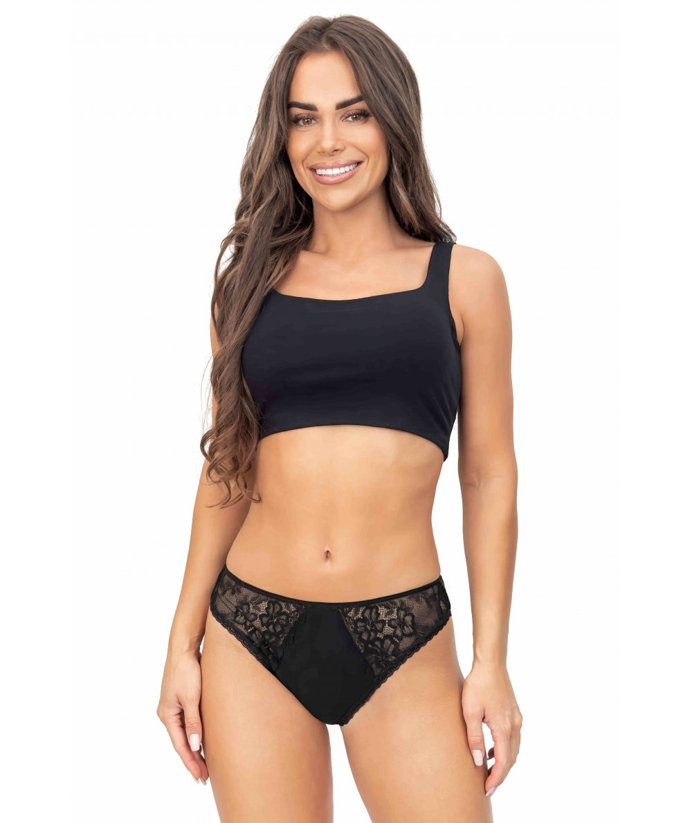 Donna Cotton Mid-Rise Panties with Lace Nessa Black