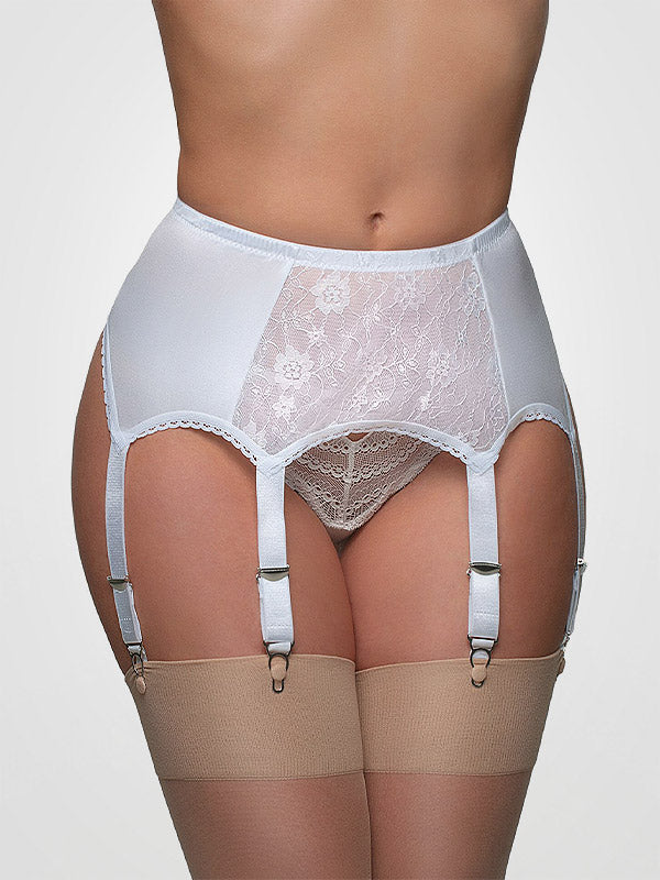 Nylon Dreams 6 dirželių klasikinis prisegamų kojinių diržas "Lace Front White"