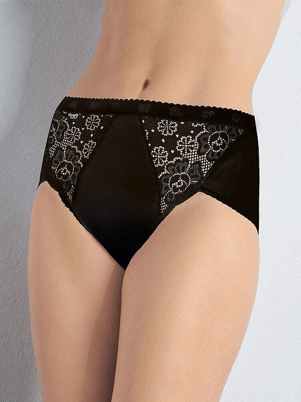Sloggi aukšto juosmens medvilninės kelnaitės su nėriniais "Chic Midi Black"