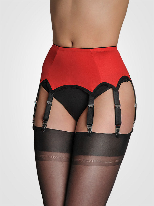 Nylon Dreams 6 dirželių klasikinis prisegamų kojinių diržas "All Plain Red - Black"