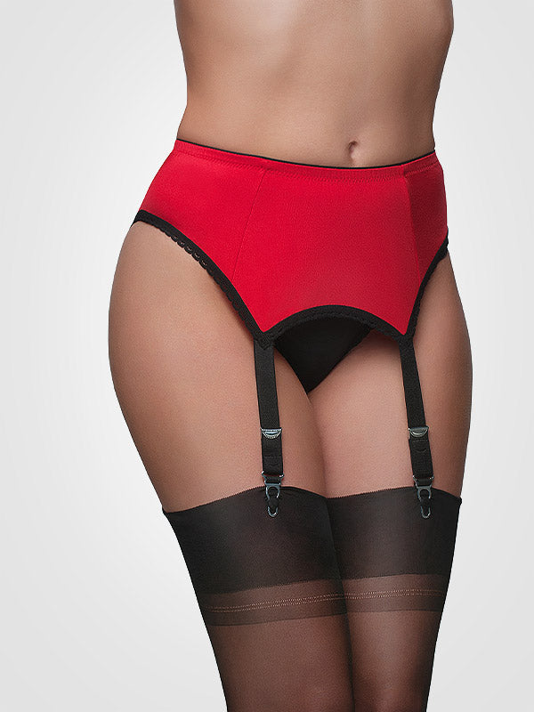Nylon Dreams 4 dirželių klasikinis prisegamų kojinių diržas "All Plain Red - Black"