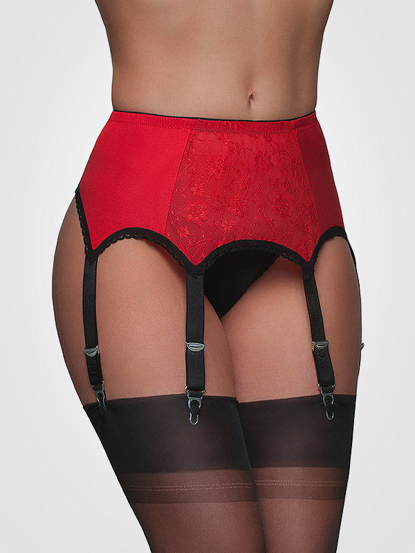 Nylon Dreams 6 dirželių klasikinis prisegamų kojinių diržas "Lace Front Red - Black"