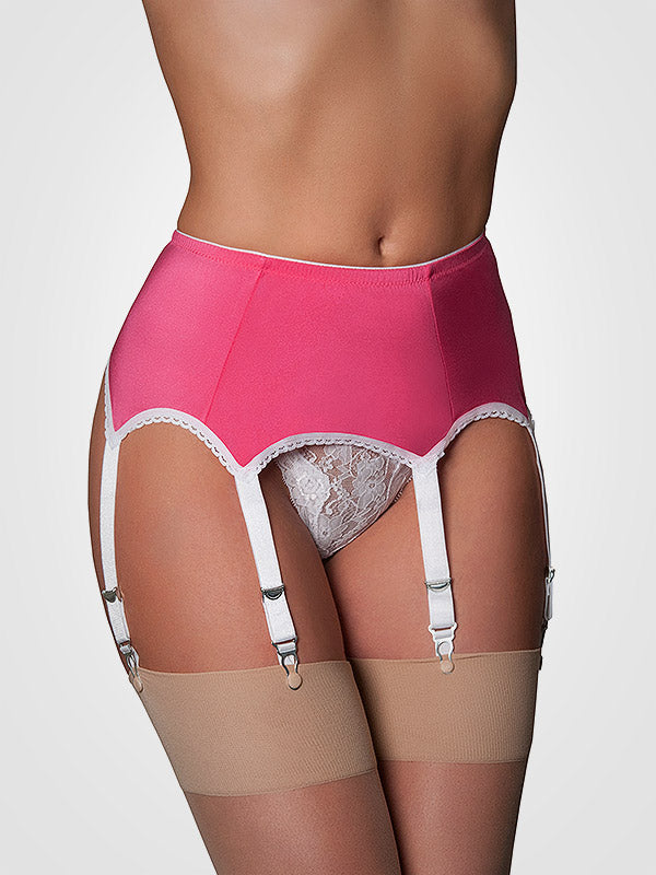 Nylon Dreams 6-Strap Classic Suspender Belt All Pink - White